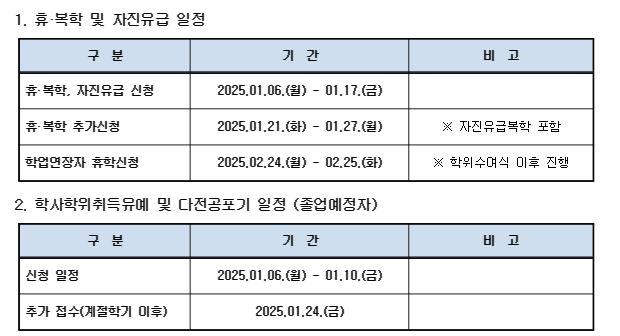 [학부] 2025-1학기 휴·복학 및 학사학위취득유예 일정 안내